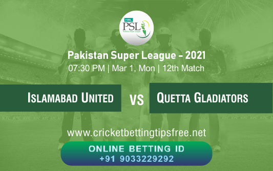 Cricket Betting Tips And Match Prediction For Islamabad United vs Quetta Gladiators 12th Match Tips With Online Betting Tips Cbtf Cricket-Free Cricket Tips-Match Tips-Jsk Tips 